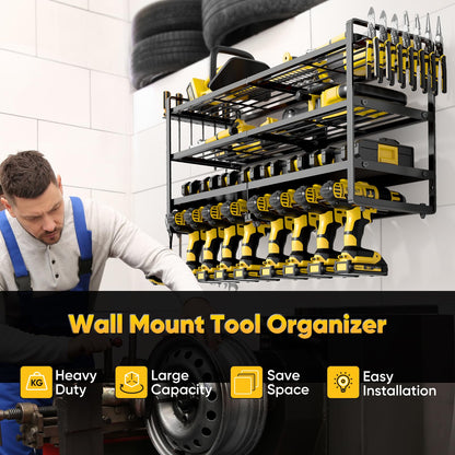 POKIPO Large Power Tool Organizer Wall Mount, Heavy Duty Widen Drill Holder, 4 Layers Cordless Tool Storage Rack, Utility Racks Shelf for Garage - WoodArtSupply