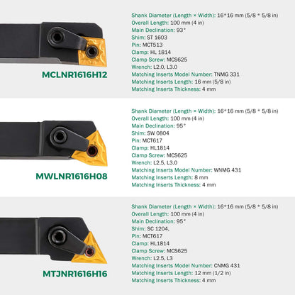 BEAMNOVA 3PCS 5/8" CNC Metal Indexable Lathe Tools Sets Holder MTJNR1616H16, MWLNR1616H08, MCLNR1616H12 Blades WNMG431, CNMG431, TNMG331