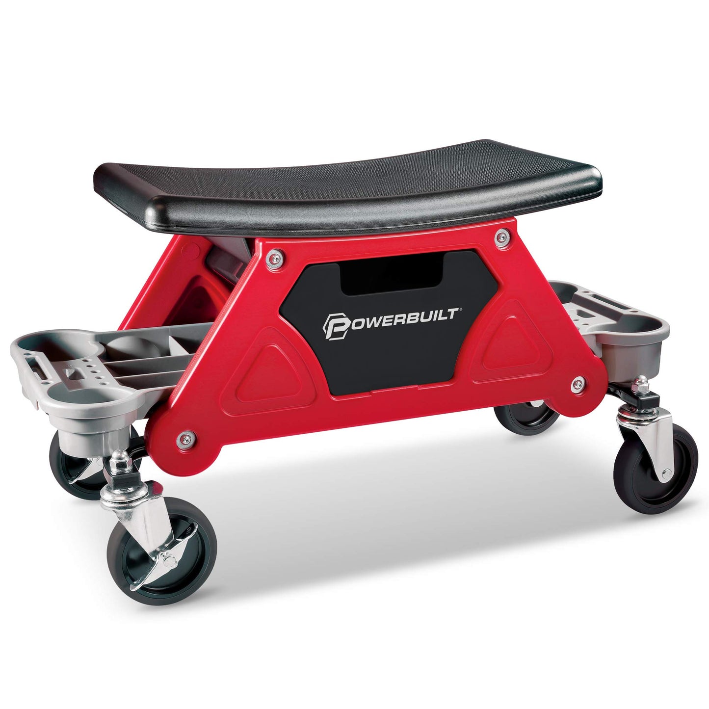 Powerbuilt Heavy Duty Roller Mechanics Seat and Brake Stool with 4-in. Rubber Swivel Casters Roll Over Anything, Big Seating Platform, Slide Out Tool - WoodArtSupply