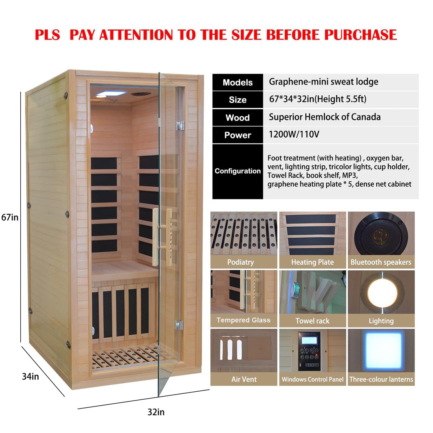 Infrared Home Sauna Room 1-2 Person Hemlock Wooden Indoor Sauna Spa，1200W/110V Low EMF Heaters,10 Minutes Pre-Warm up,Time and Temp Pre-Set, New Year