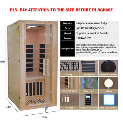 Infrared Home Sauna Room 1-2 Person Hemlock Wooden Indoor Sauna Spa，1200W/110V Low EMF Heaters,10 Minutes Pre-Warm up,Time and Temp Pre-Set, New Year