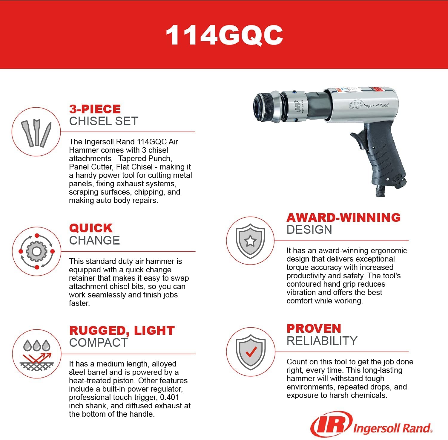 Ingersoll Rand 114GQC Air Hammer - 3 PC Chisel Set with Tapered Punch, Panel Cutter, Flat Chisel, 2-5/8 Inch stroke, 3500 BPM, Lightweight, Compact, Ingersoll Rand