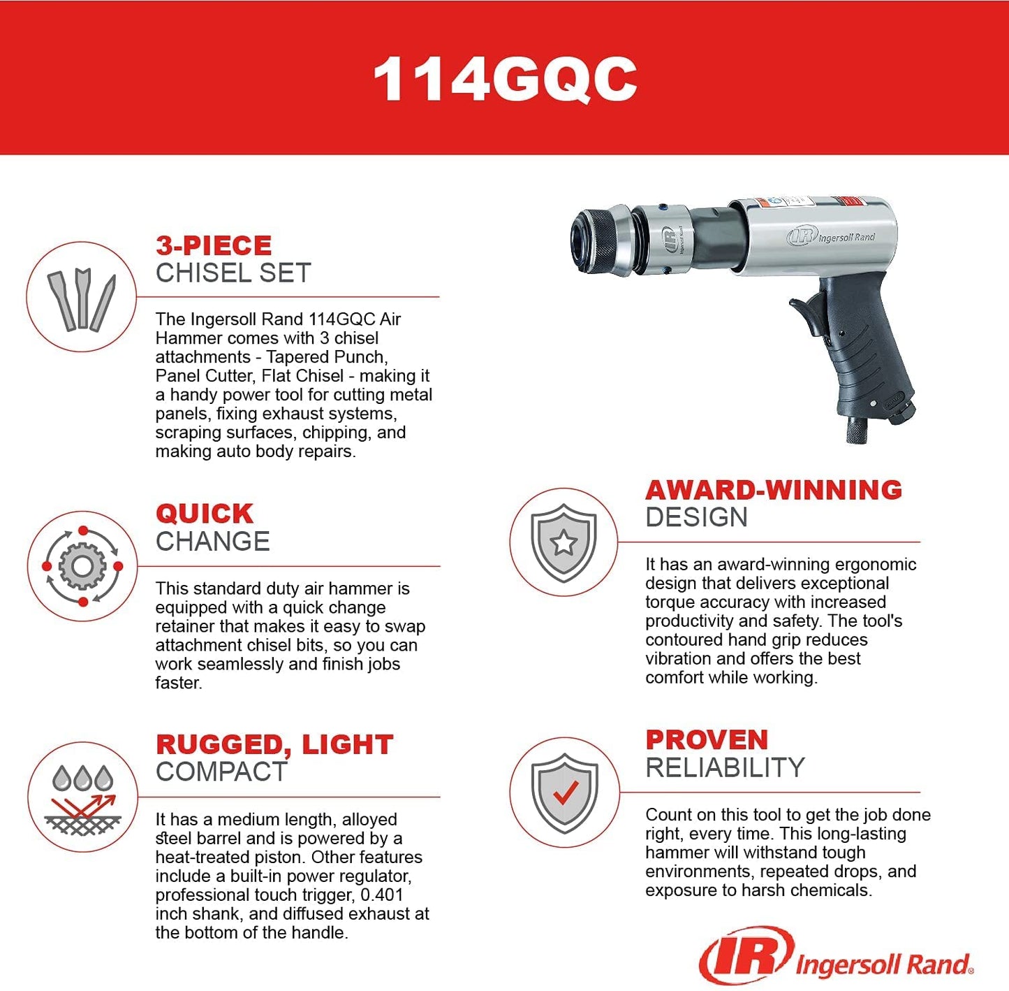 Ingersoll Rand 114GQC Air Hammer - 3 PC Chisel Set with Tapered Punch, Panel Cutter, Flat Chisel, 2-5/8 Inch stroke, 3500 BPM, Lightweight, Compact,