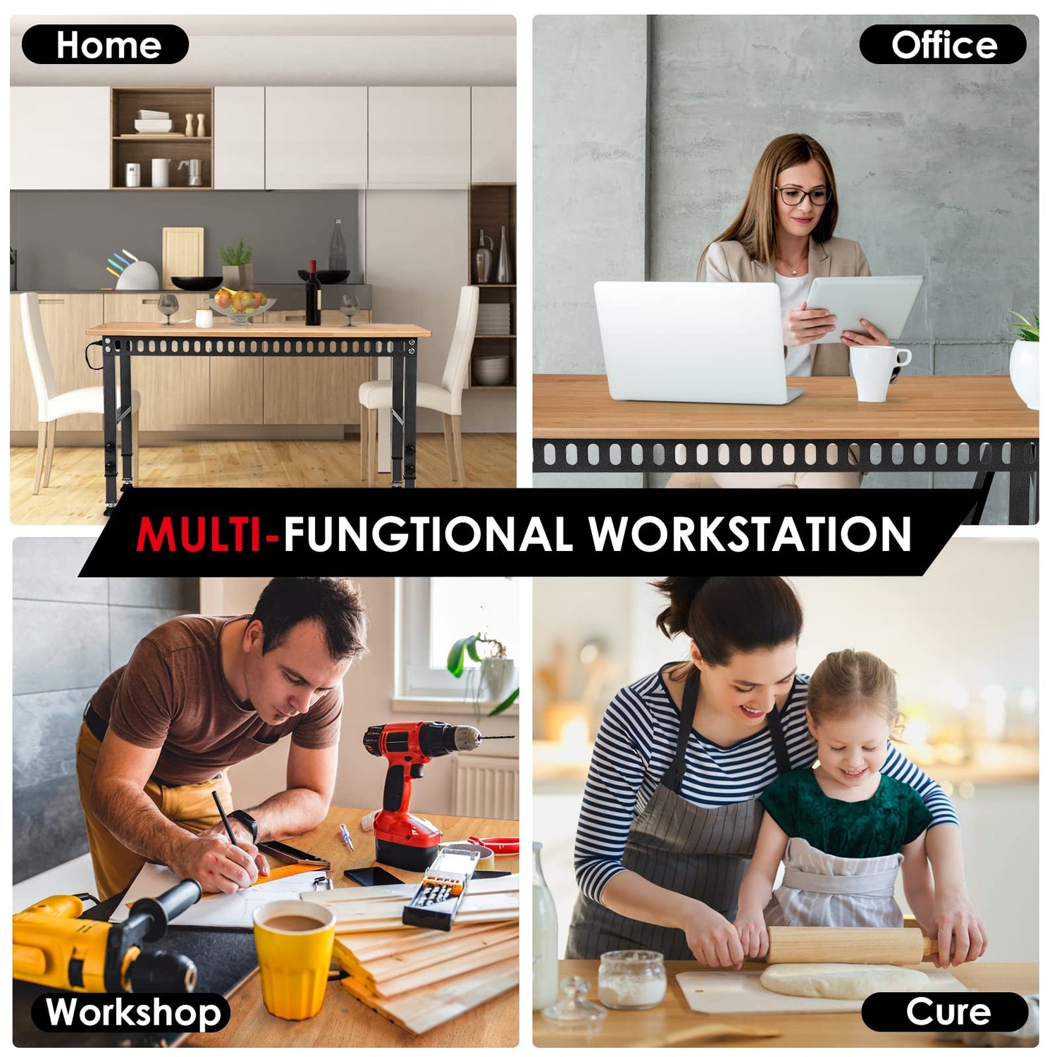 OLBRUS 48 "Adjustable Workbench with Power Outlet, Heavy Duty 2000 LBS Load Capacity Hardwood Workbench Suitable for Workshop, Office, Garage, Home OLBRUS