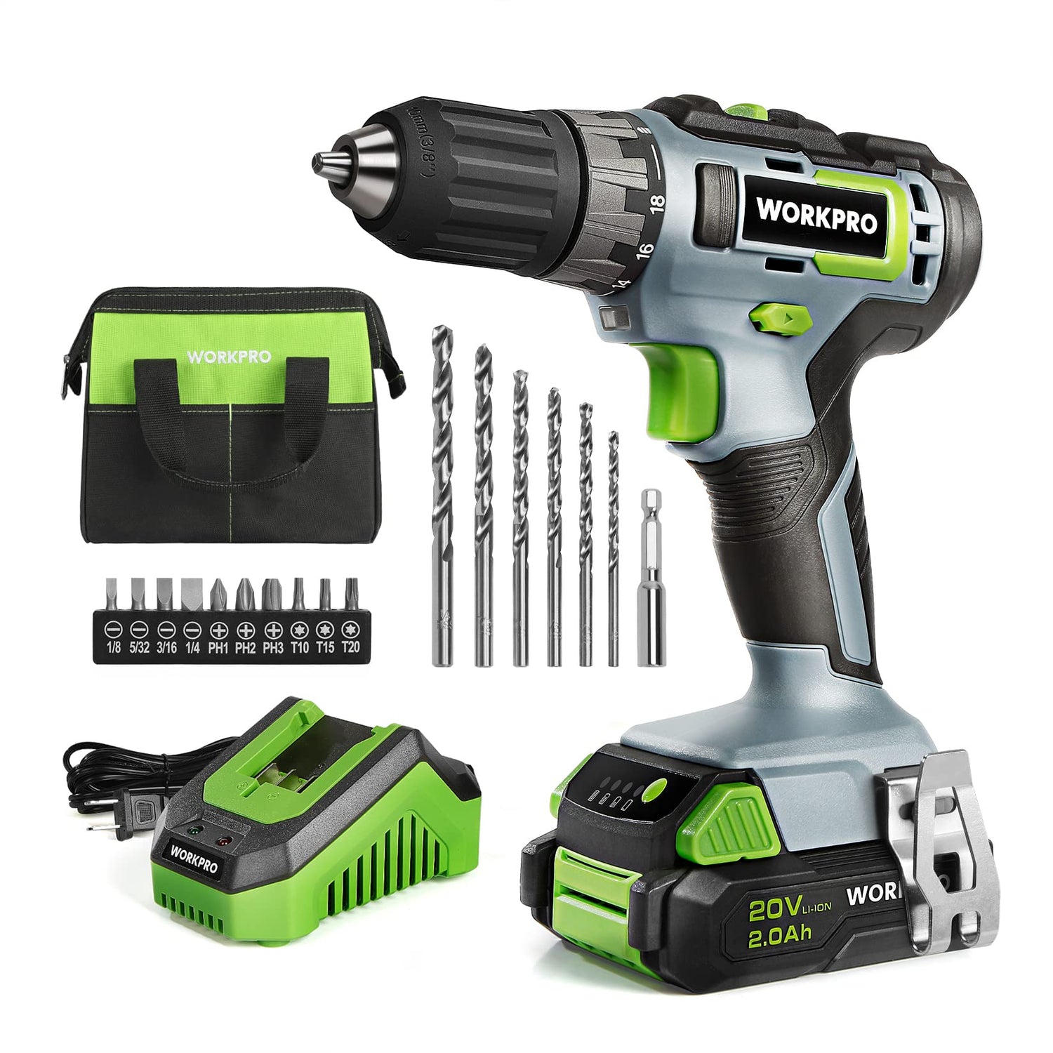 WORKPRO 20V Cordless Drill Driver Kit, 3/8'' Keyless Chuck, 2.0 Ah Li-ion Battery, 1 Hour Fast Charger and 11-inch Green Storage Bag Included WORKPRO