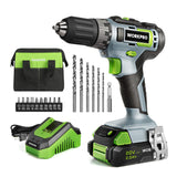 WORKPRO 20V Cordless Drill Driver Kit, 3/8'' Keyless Chuck, 2.0 Ah Li-ion Battery, 1 Hour Fast Charger and 11-inch Green Storage Bag Included WORKPRO