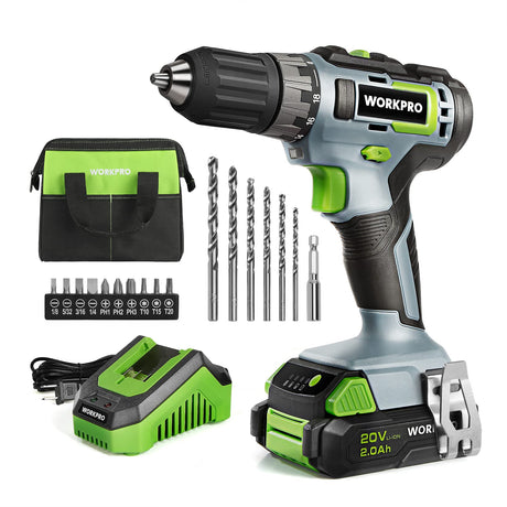 WORKPRO 20V Cordless Drill Driver Kit, 3/8'' Keyless Chuck, 2.0 Ah Li-ion Battery, 1 Hour Fast Charger and 11-inch Green Storage Bag Included WORKPRO