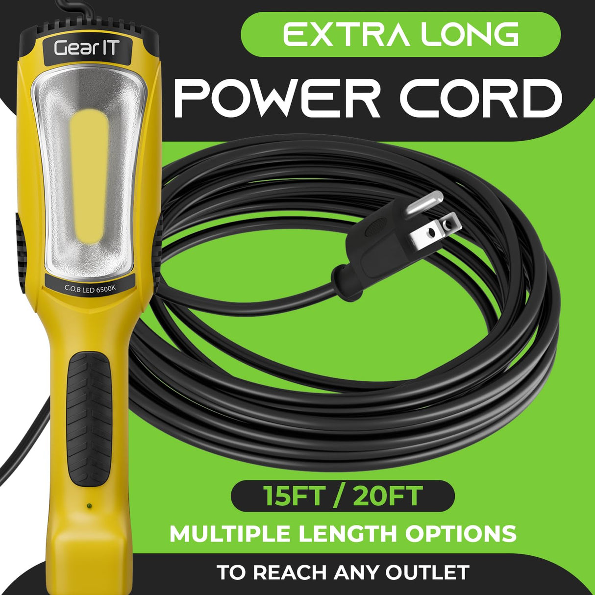 GearIT LED Work Light (15 feet) 1200 Lumen COB LED - 16 Gauge SJTW Indoor/Outdoor NEMA 5-15R Extension Cord - Handheld, Rotating Hanger, Magnetic GearIT