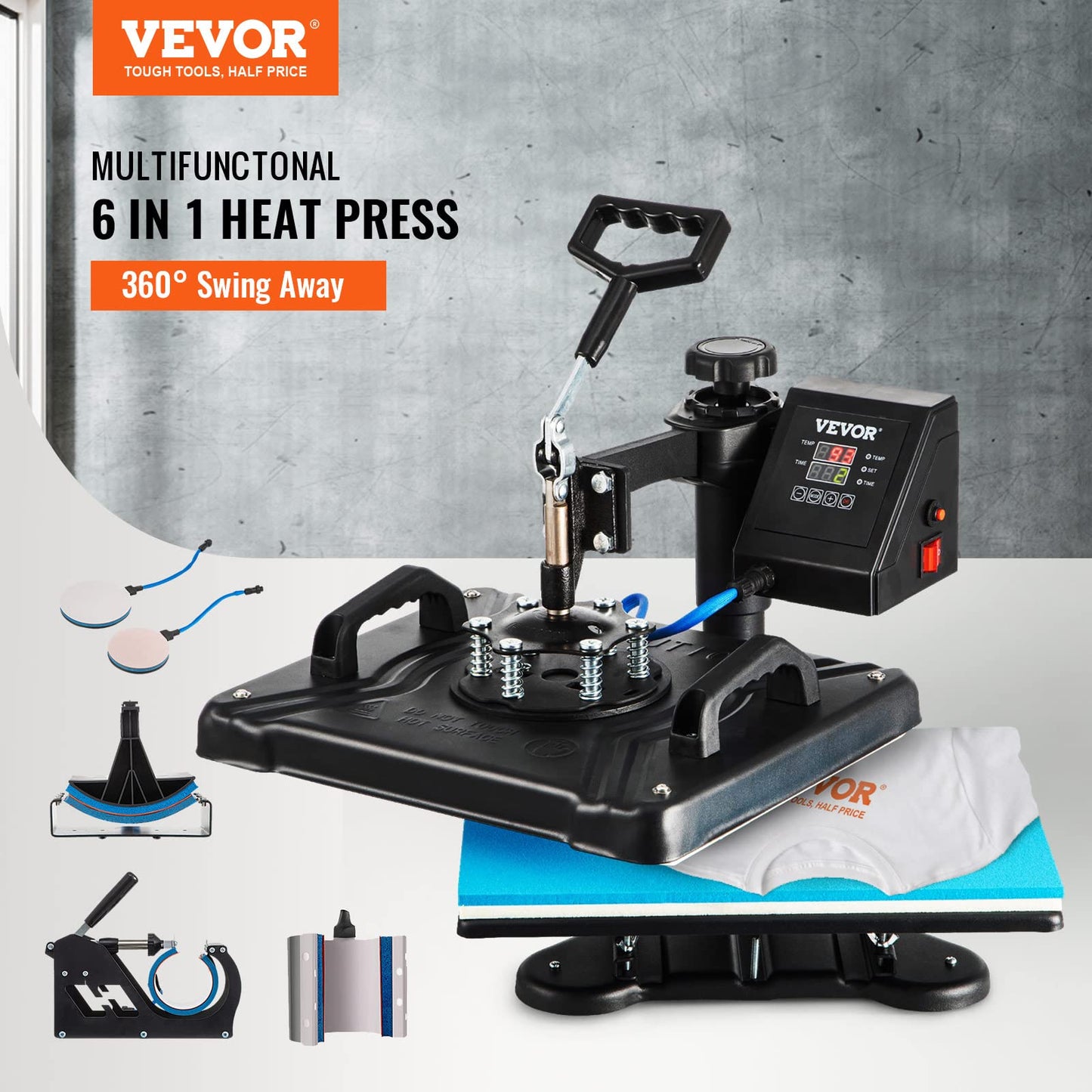 VEVOR Heat Press Machine, 12X15 Inch 6 in 1 Combo Digital Multifunctional Sublimation Heat Transfer Machine, 360 Degree Rotation Swing Away Heat - WoodArtSupply