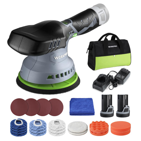 WORKPRO Cordless Car Buffer Polisher 6-Inch Dual Action Polisher for Car Detailing with 2 pcs 12V Rechargeable Battery, Orbital Polisher with WORKPRO