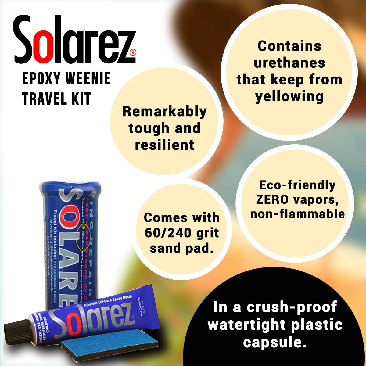 SOLAREZ UV Cure Epoxy Ding Repair Weenie Travel Kit (0.5 oz Tube) - SUP/Surfboard Repair - Fast Solar Cure Clear Resin w 60/240 Grit Sand Block w - WoodArtSupply