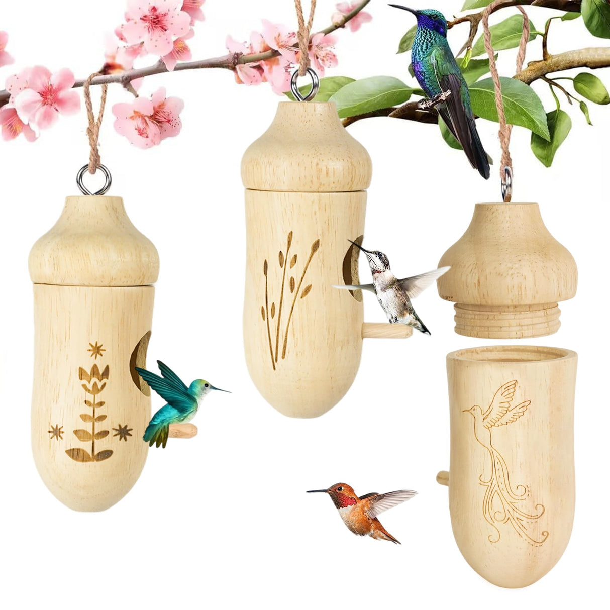 Thread Detachable Hummingbird Houses，Natural Wooden Hummingbird Houses for Outside Hanging，Premium Bird Houses for Garden Window Outdoor Home,3 LPUSA
