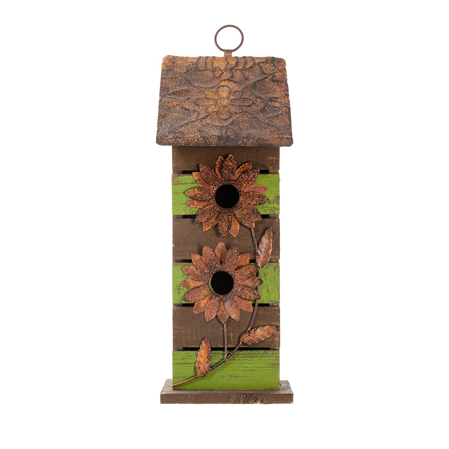 Glitzhome 14.5" H Wooden Garden Bird House Hanging Two-Tiered Distressed with Flowers Decorative Birdhouse - WoodArtSupply