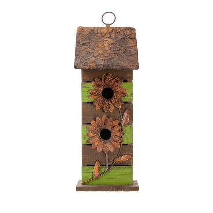 Glitzhome 14.5" H Wooden Garden Bird House Hanging Two-Tiered Distressed with Flowers Decorative Birdhouse - WoodArtSupply