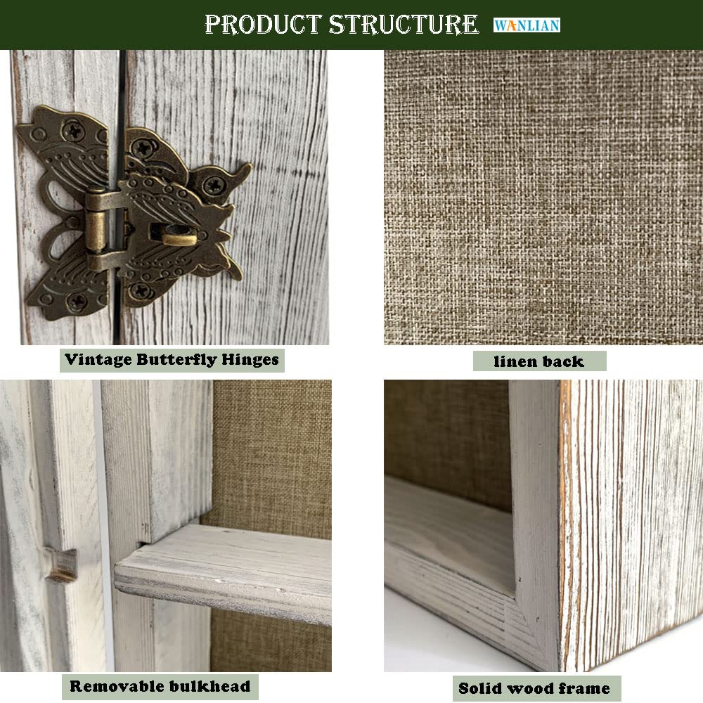 Large Shadow Box with Shelves, 11x16 Wooden Shadow Box Display Cabinet with Acrylic Window, 3 Removable Shelves and Linen Back, for Displaying Photo WANLIAN