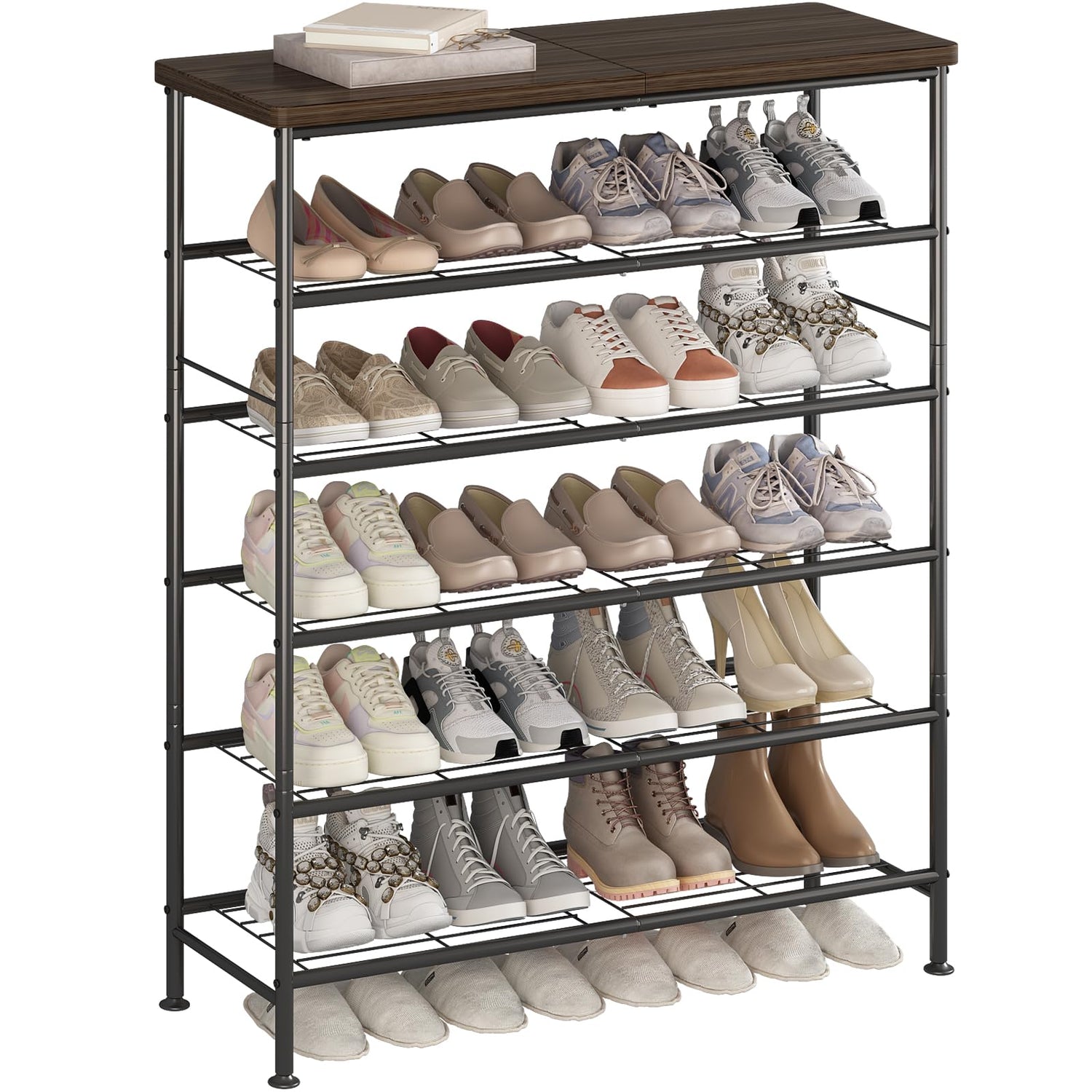 SUOERNUO Shoe Rack Organizer 6 Tier for Closet Entryway Free Standing Metal Storage Shoe Shelf with MDF Top Board，Black SUOERNUO
