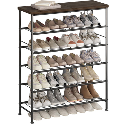 SUOERNUO Shoe Rack Organizer 6 Tier for Closet Entryway Free Standing Metal Storage Shoe Shelf with MDF Top Board，Black