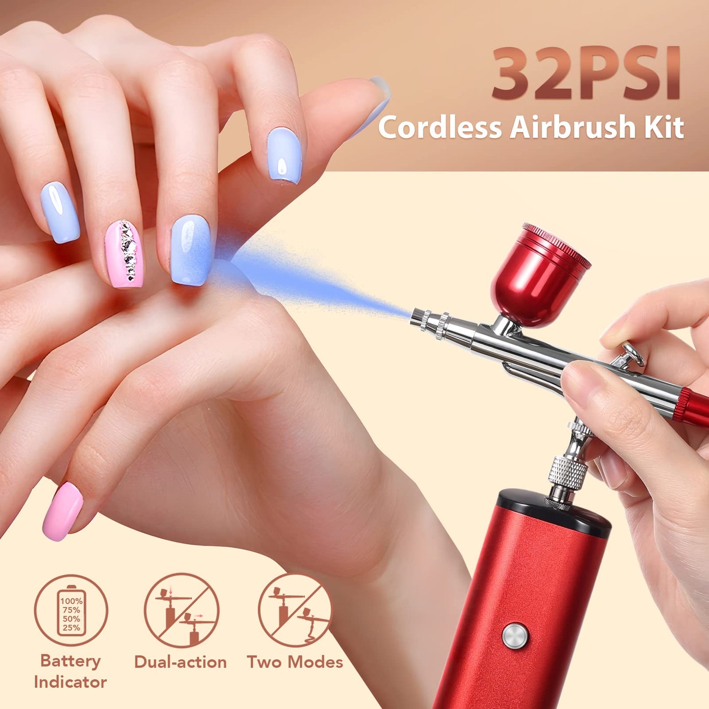 Cordless Airbrush Kit with Compressor, 32PSI Handheld Mini Air Brush Gun Set, Portable High Pressure Air Brushes for Painting, Tattoo, Nail Art, - WoodArtSupply