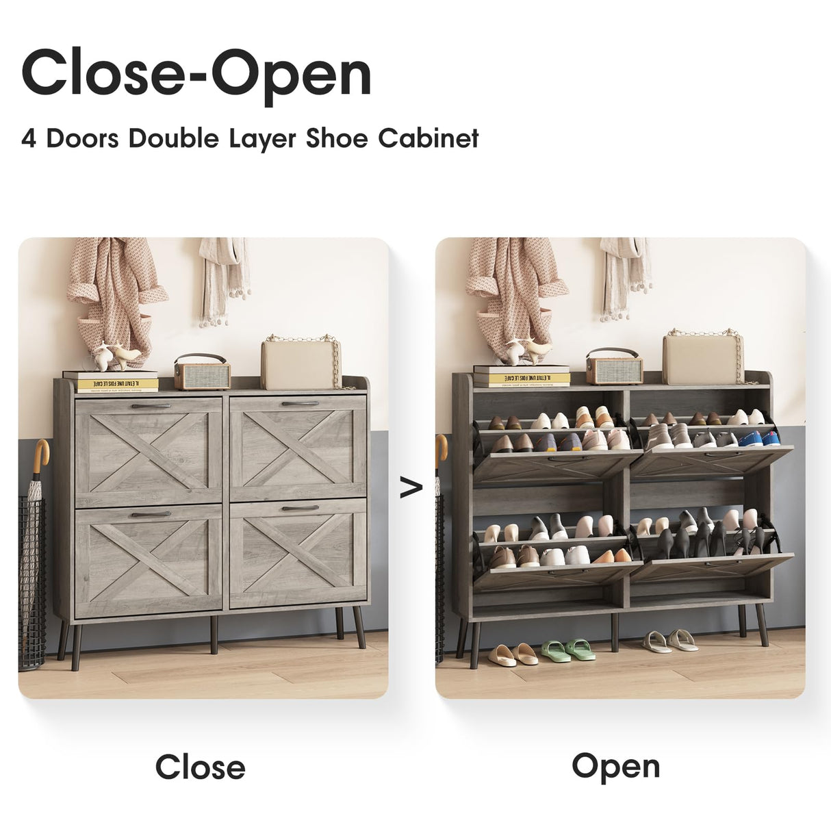 Maupvit Large Shoe Cabinet with 4 Flip Drawers, Freestanding Shoe Cabinet Organizer with Metal Drawer Bracket, Shoes Storage Cabinet for Entryway, Maupvit