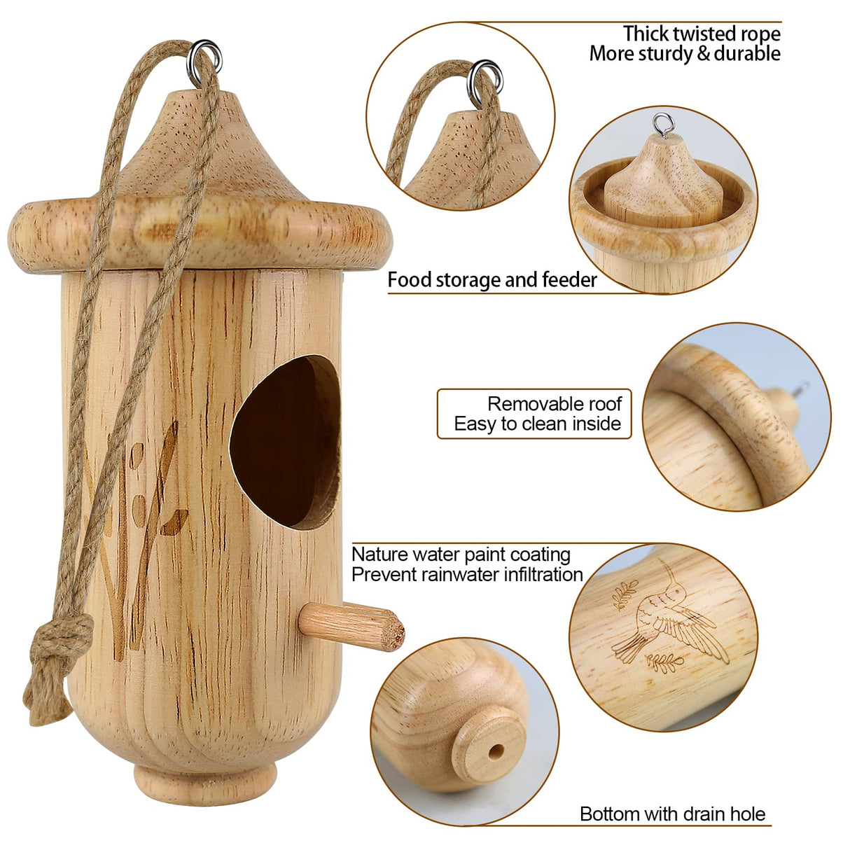 Hummingbird House for Outside Hanging, Wooden Hummingbird Gifts Nest 3 Pack with Hemp Ropes, Gardening Gifts Humming Bird Houses Home Decoration BESWORLDS
