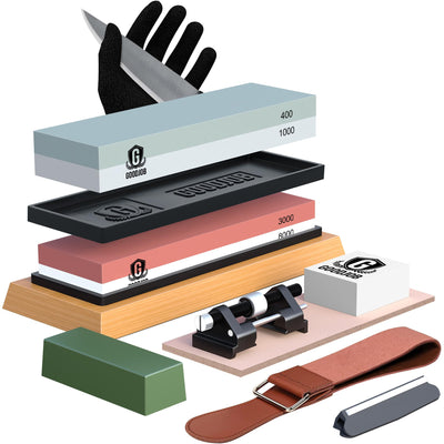 Complete Knife Sharpening Stone Kit - Goodjob Premium Japanese Whetstone Knife Sharpener Tool - Dual Grit 400/1000 3000/8000 Wet stone with Cut