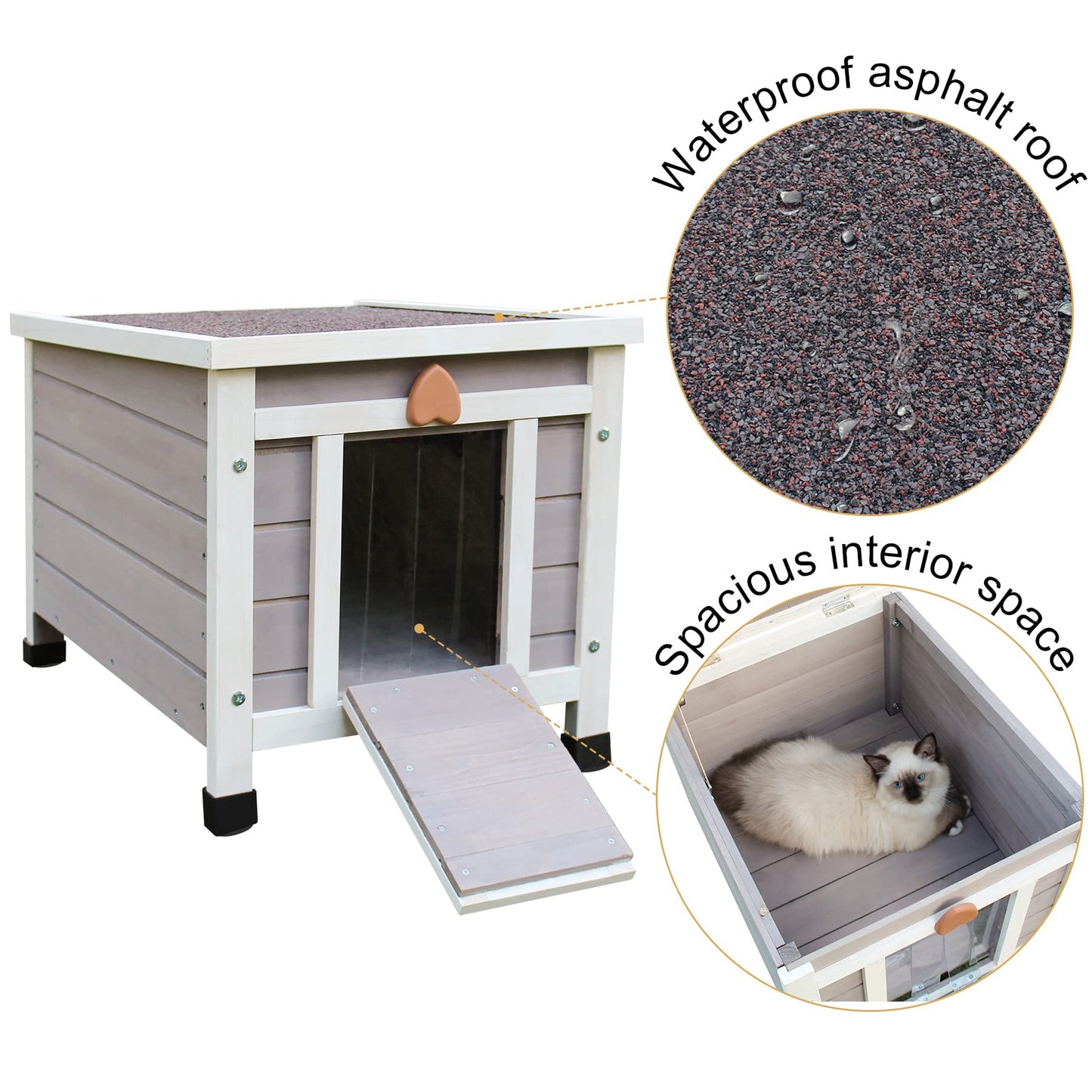 Deblue Weatherproof Cat House for Outdoor Cats, Wooden Small Pet House Outside, Feral Cat Shelter with Elevated Floor and Lockable Door - Grey - WoodArtSupply