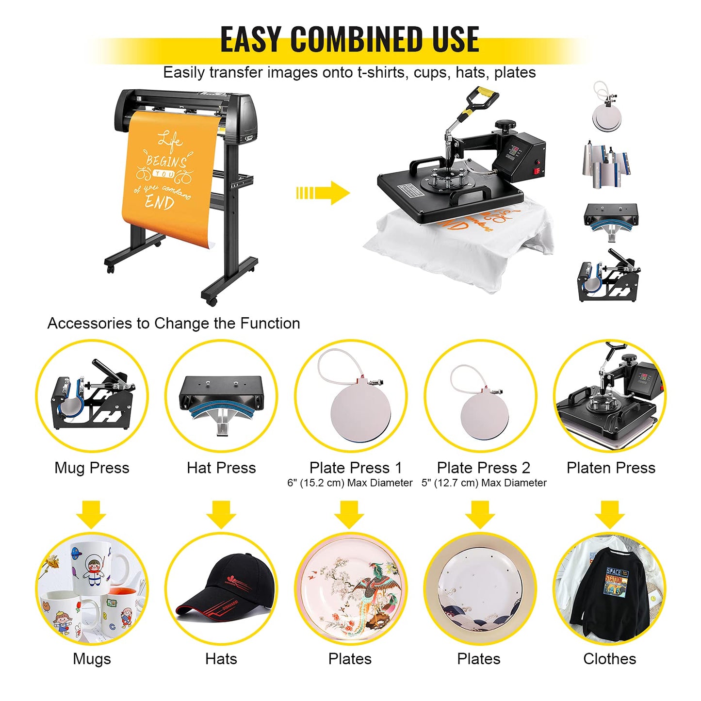 VEVOR Heat Press Machine 15x15 inch 6 in 1 T-Shirt Heat Press and Vinyl Cutter 53 inch Plotter Machine 1350mm PC Only Paper Feed Vinyl Cutter Plotter