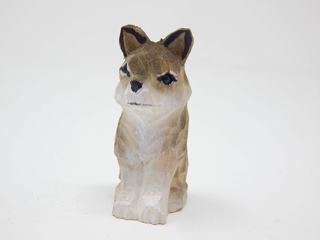 Gray Wolf - Small 2" Wood Art Figurine - Handmade USA - Unique Original Art Carving Work - Decoration, Miniature Animals Selsela