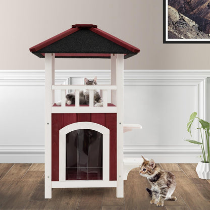 Tangkula Outdoor Cat House, 2-Story Wooden Cat Shelter with Asphalt Roof, Balcony, Rain Curtain, Jumping Platforms, Removable Floor, Weatherproof Pet