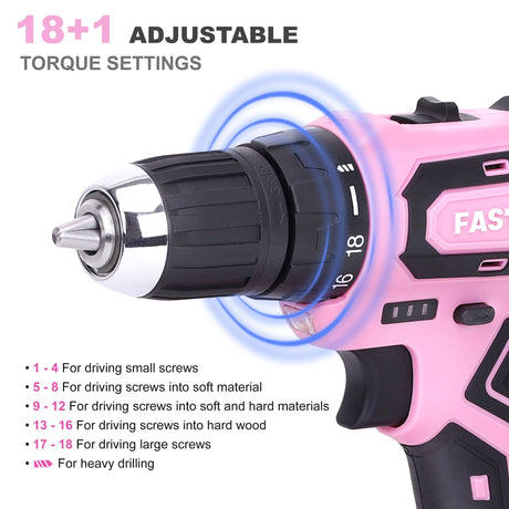 FASTPRO 177-Piece 20V Pink Cordless Lithium-ion Drill Driver and Home Tool Set, Lady's Home Repairing Tool Kit with Drill in Tool Storage Case FASTPRO