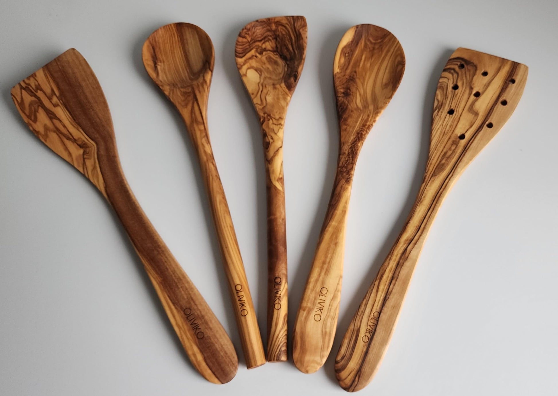 OLIVIKO 100% Olive Wood HANDMADE 5 Spoon Set | Ideal for Nonstick Cookware & Kitchen Utensils | Cooking, Baking & Serving | Eco-friendly & SALAD TONG - WoodArtSupply