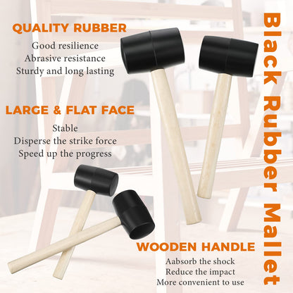 4 Pieces 16 oz/ 24 oz Rubber Mallet Hammer and 25 mm/ 35 mm Double Face Hammer, Rubber Hammer Soft Hammer Wood Handle Hammer for Flooring DIY Crafts