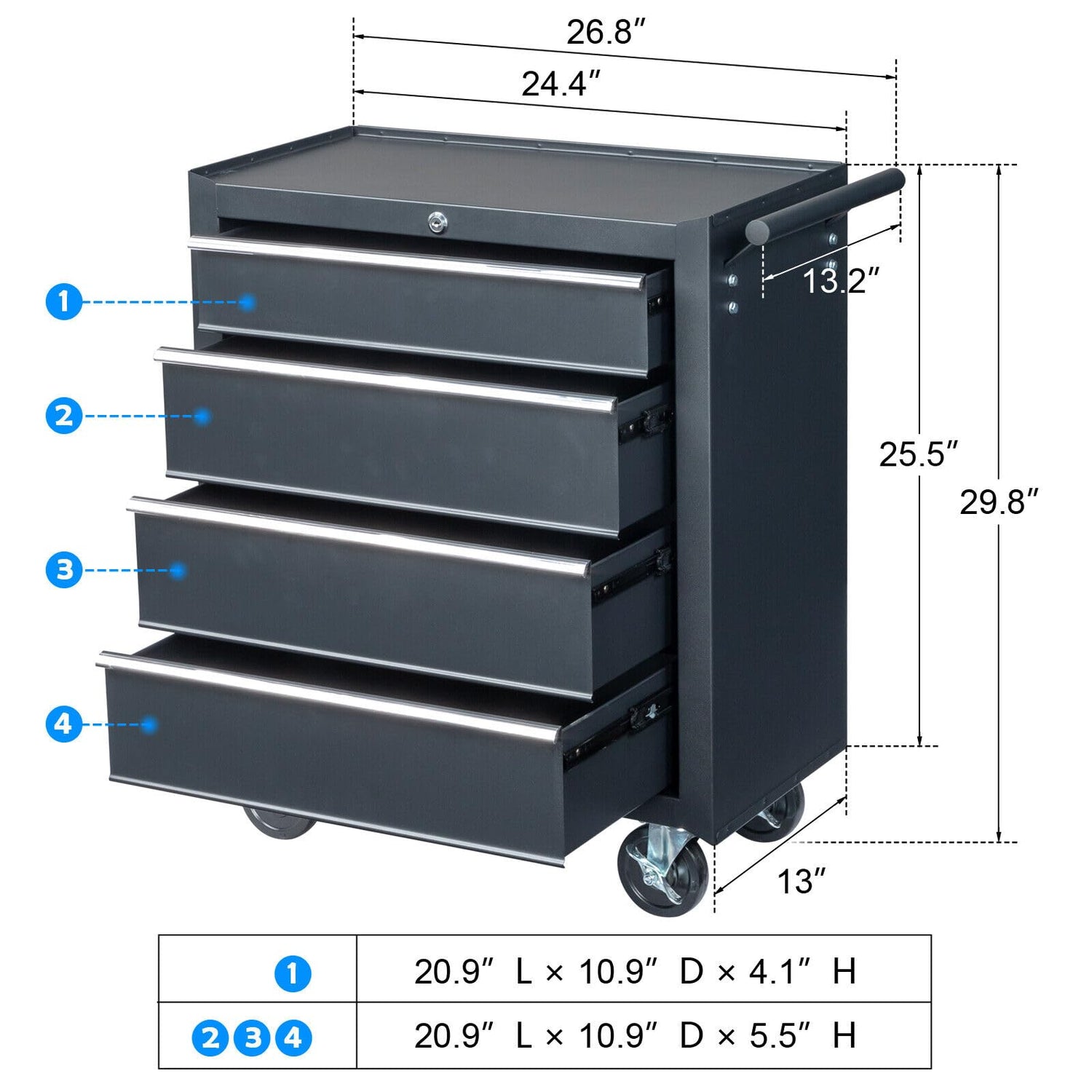 Winado 4-Drawer Tool Chest with Wheels & Lock & Key, Heavy Duty Cart Rolling Tool Box on Wheels, Metal Storage Cabinet, Rolling Tool Cart with Winado