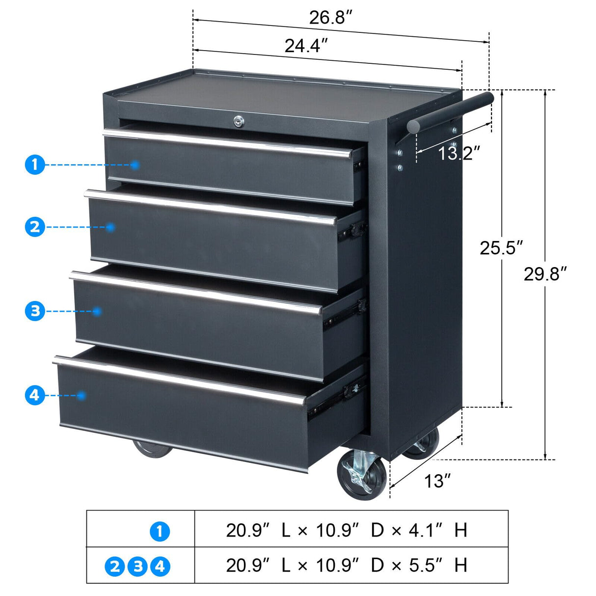 Winado 4-Drawer Tool Chest with Wheels & Lock & Key, Heavy Duty Cart Rolling Tool Box on Wheels, Metal Storage Cabinet, Rolling Tool Cart with Winado