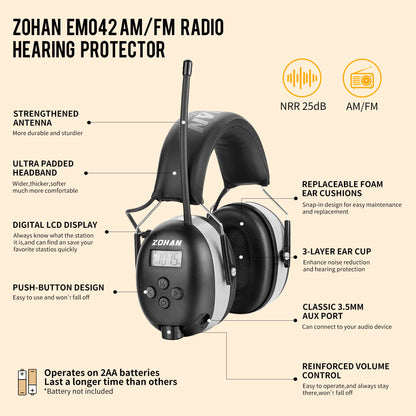 ZOHAN EM042 AM/FM Radio Headphone with Digital Display,Ear Protection Noise Reduction Safety Ear Muffs,Ultra Comfortable Hearing Protector for Lawn - WoodArtSupply