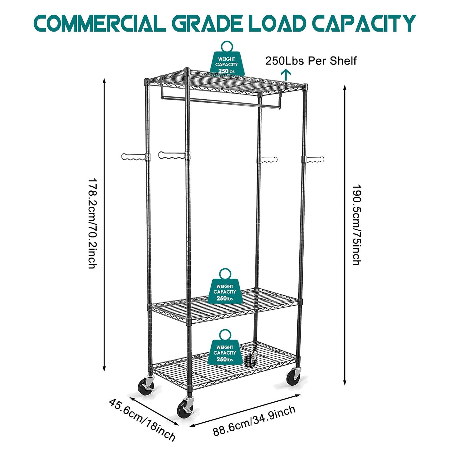 WDT Rolling Garment Rack with Wheels, Large Heavy Duty Clothing Rack with 3 Tier Shelves, Adjustable Metal Garment Closet Organizer Rack for Hanging - WoodArtSupply