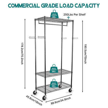 WDT Rolling Garment Rack with Wheels, Large Heavy Duty Clothing Rack with 3 Tier Shelves, Adjustable Metal Garment Closet Organizer Rack for Hanging - WoodArtSupply