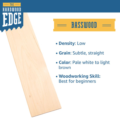 The Hardwood Edge Basswood Planks - 4-Pack Basswood Sheets for Unfinished Wood Crafts - 1/4’’ (6mm) 100% Pure Hardwood - Laser Engraving Blanks -
