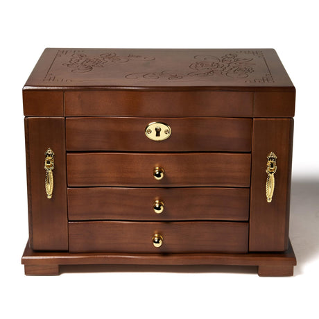 FEECOZ Wooden Jewelry Box for Women, Solid Wood Jewelry Organizer with Mirror and 3-Drawer, Ring,Necklacel,Vintage Style Storage Box with Lock (Dark FEECOZ