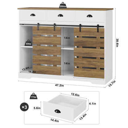 HOSTACK Farmhouse Coffee Bar Cabinet, 47" Kitchen Buffet Cabinet with Storage, Barn Doors Sideboard Storage Cabinet, Wood Buffet Sideboard with