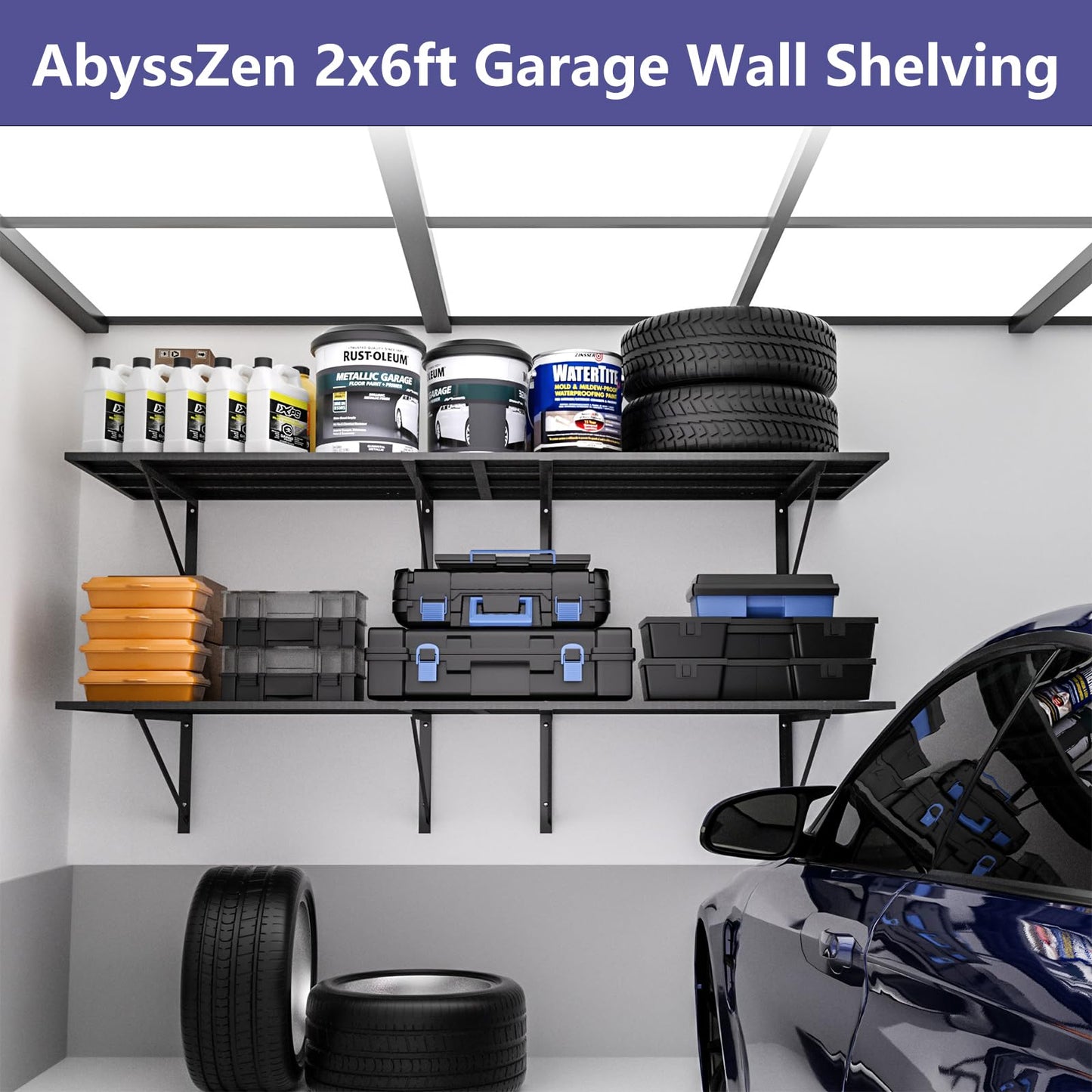 AbyssZen 2Pack 2x6ft Garage Shelving, 24inch by 72inch Wall Shelf Garage Storage Rack Floating Shelves, 800 LBS Weight Capacity Floating Shelves,