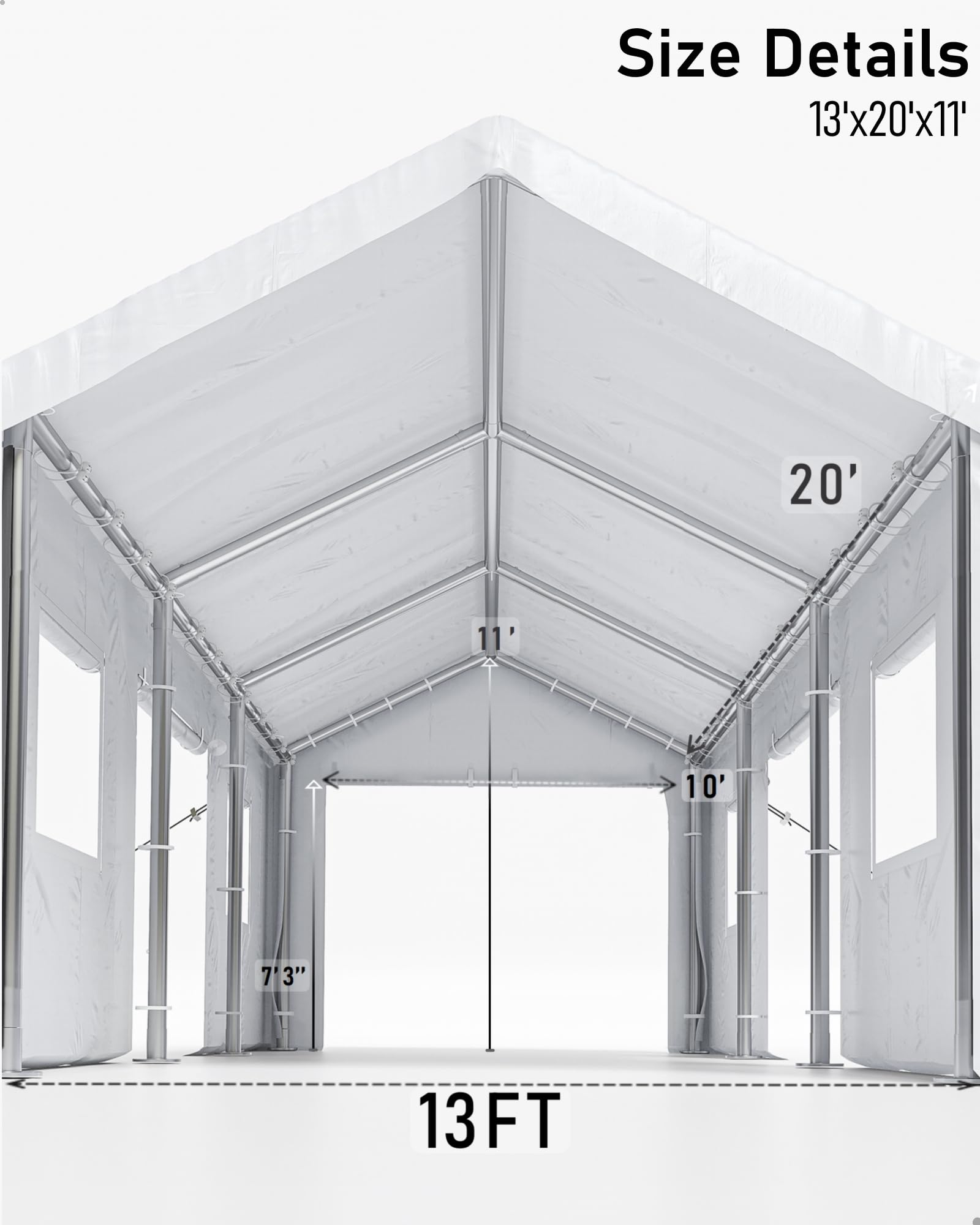 DEXSO Carport 13'x20' Heavy Duty Portable Garage, 1.0 mm Steel Poles & 180 g PE Waterproof Canopy, with Front & Rear Doors, 2 Side Doors, and 4 - WoodArtSupply