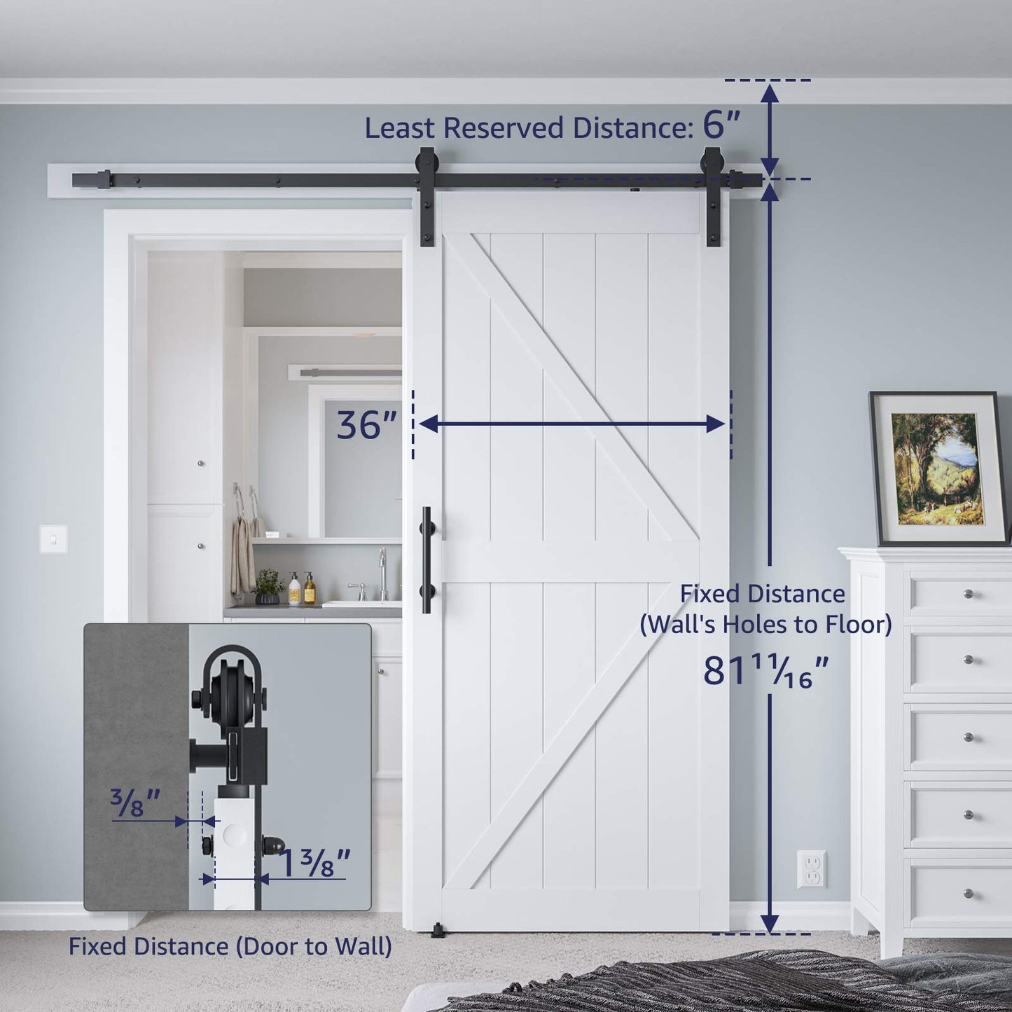 COSHOMER 36in x 80in MDF Sliding Barn Door with 6.6ft Barn Door Hardware Kit & Handle, Pre-Drilled Holes Easy Assembly -Solid Wood Slab Inside - WoodArtSupply