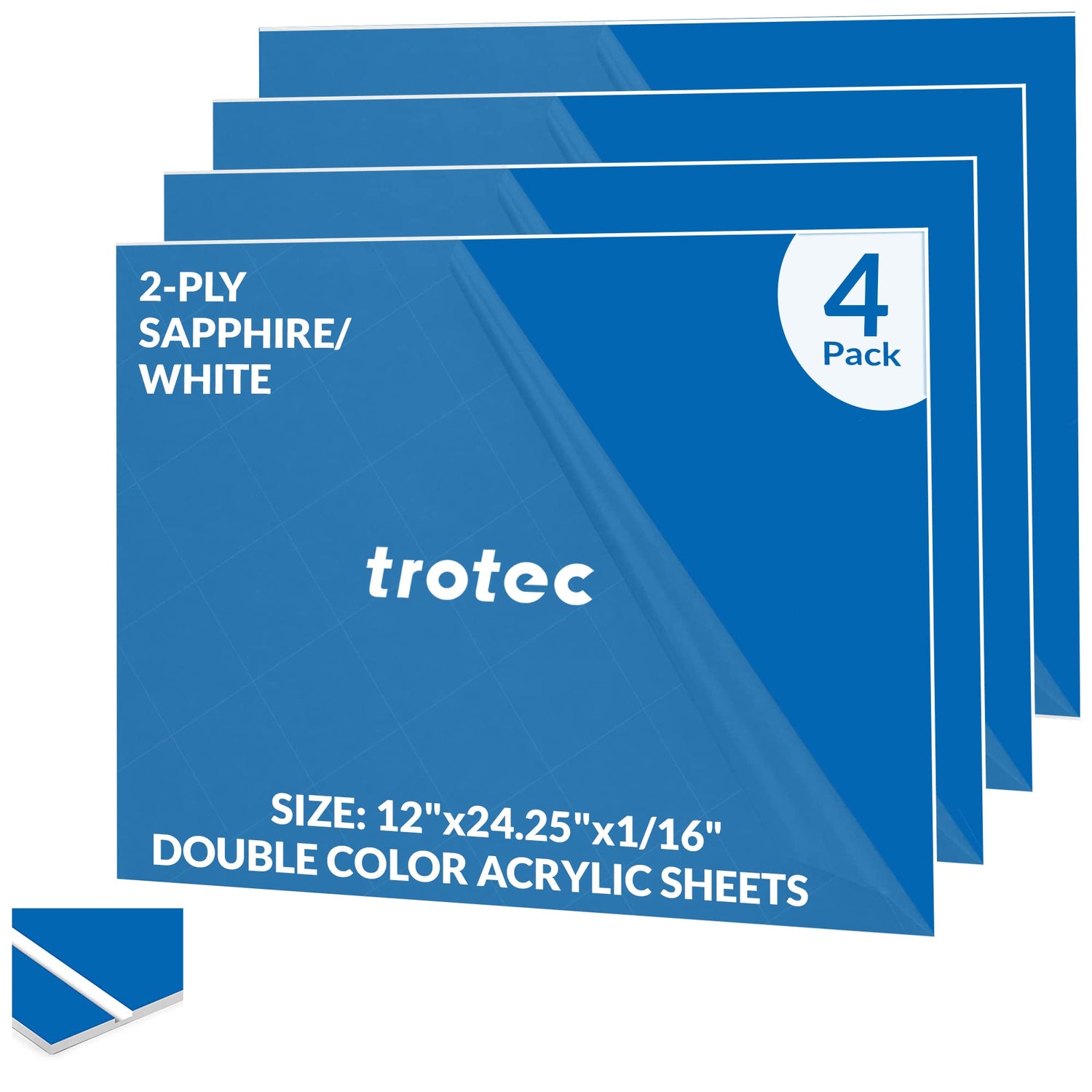 Trotec TroLase | 12"x24.25" x1/16", 4 Pcs | Sapphire/White | 2 Ply | Modified Acrylic | Laser Engraving Double Color Plastic Sheet | Engraving Blanks TROTEC