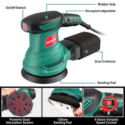 5-Inch Random Orbital Sander, HYCHIKA 13000RPM Electric Orbital Sander with 6 Various Speeds, Palm Sander with 12 Pcs Sandpapers, 1 Pcs Dust Bag, Fit - WoodArtSupply