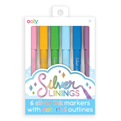 Ooly Silver Markers Colorful Outlines [Set of 6], All Markers are Silver with Unique Outline in Multiple Colors, Glittery Sparkling Markers for Kids,