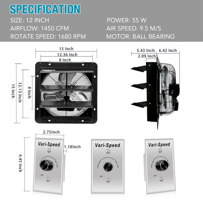 VENTISOL 12 Inch Shutter Exhaust Fan With Variable Speed Controller,1450CFM Wall Mounted Ventilation Fan, Vent Fan For Greenhouses,Shop,Home - WoodArtSupply