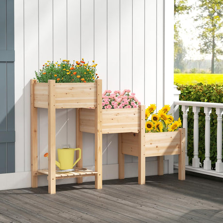 S AFSTAR 3-Tier Wooden Raised Garden Bed, Elevated Garden Planter with 3 Planter Boxes, Open Storage Shelf, Drainage Holes, Outdoor Vertical Plant S AFSTAR