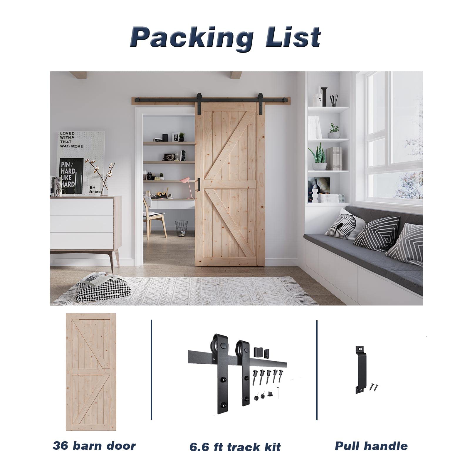 FREDBECK 36in x 84in Wood Barn Door with 6.6FT Barn Door Hardware Kit Included K Shape Solid Spruce Wood Panel Need to Assembly - WoodArtSupply