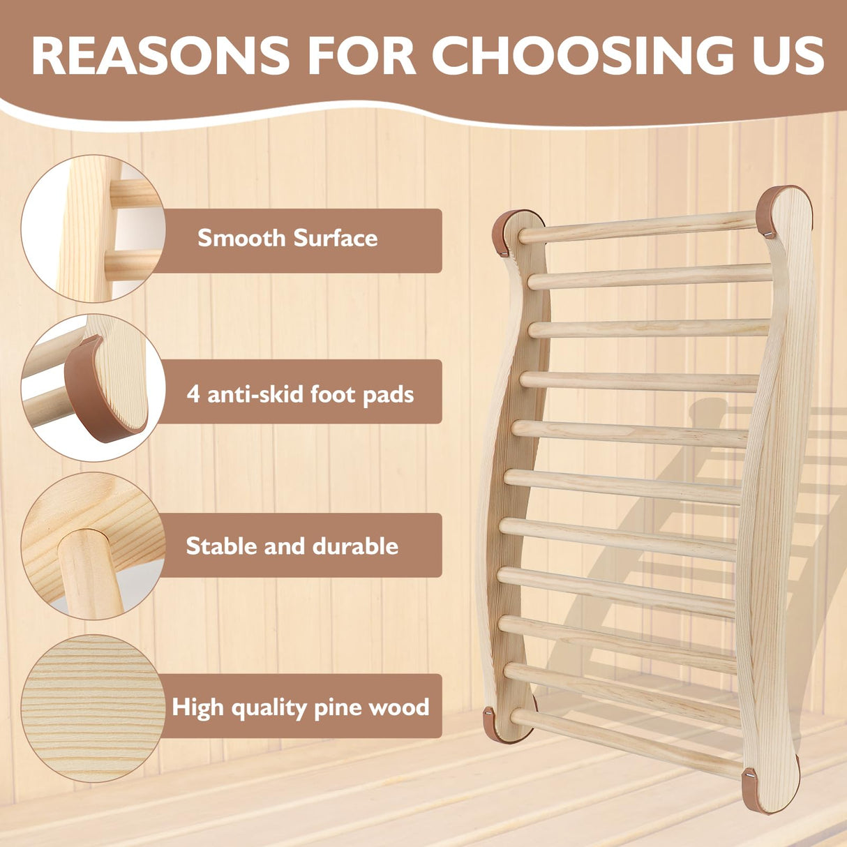 Sauna Backrest Wiiyita Sauna Accessories Wooden Slip-Resistant Non-Toxic Comfortable S-Shape Design Sauna Chair with Back, Sauna Accessories for Any Wiiyita